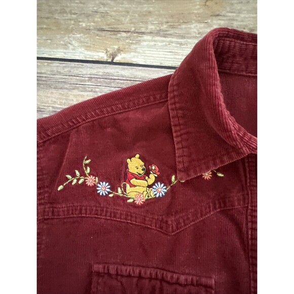 Vintage Disney Winnie The Pooh Corduroy Pearl Snap Button Shirt Red Embroidered - Picture 4 of 8